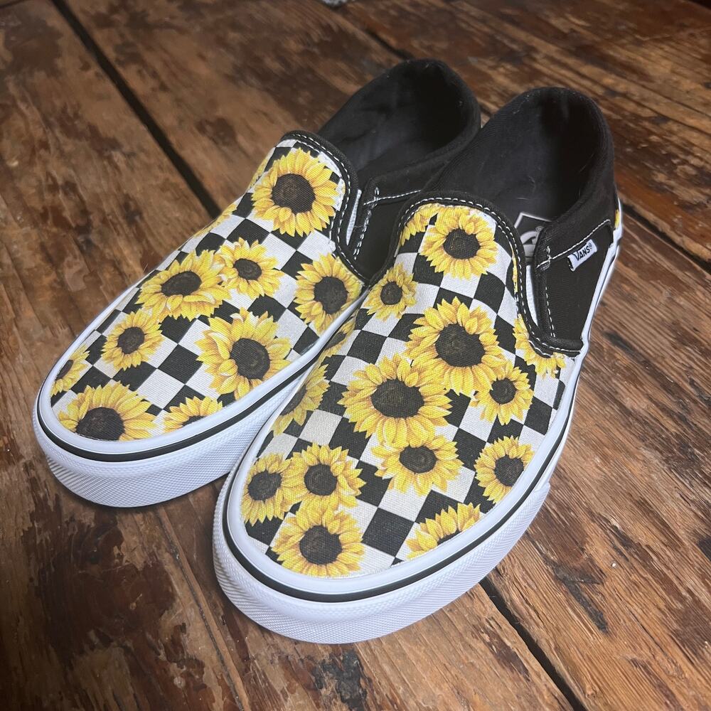 Vans Asher Classic Sunflower Checkerboard Canvas Floral Sneaker Shoes Size 7 1/2